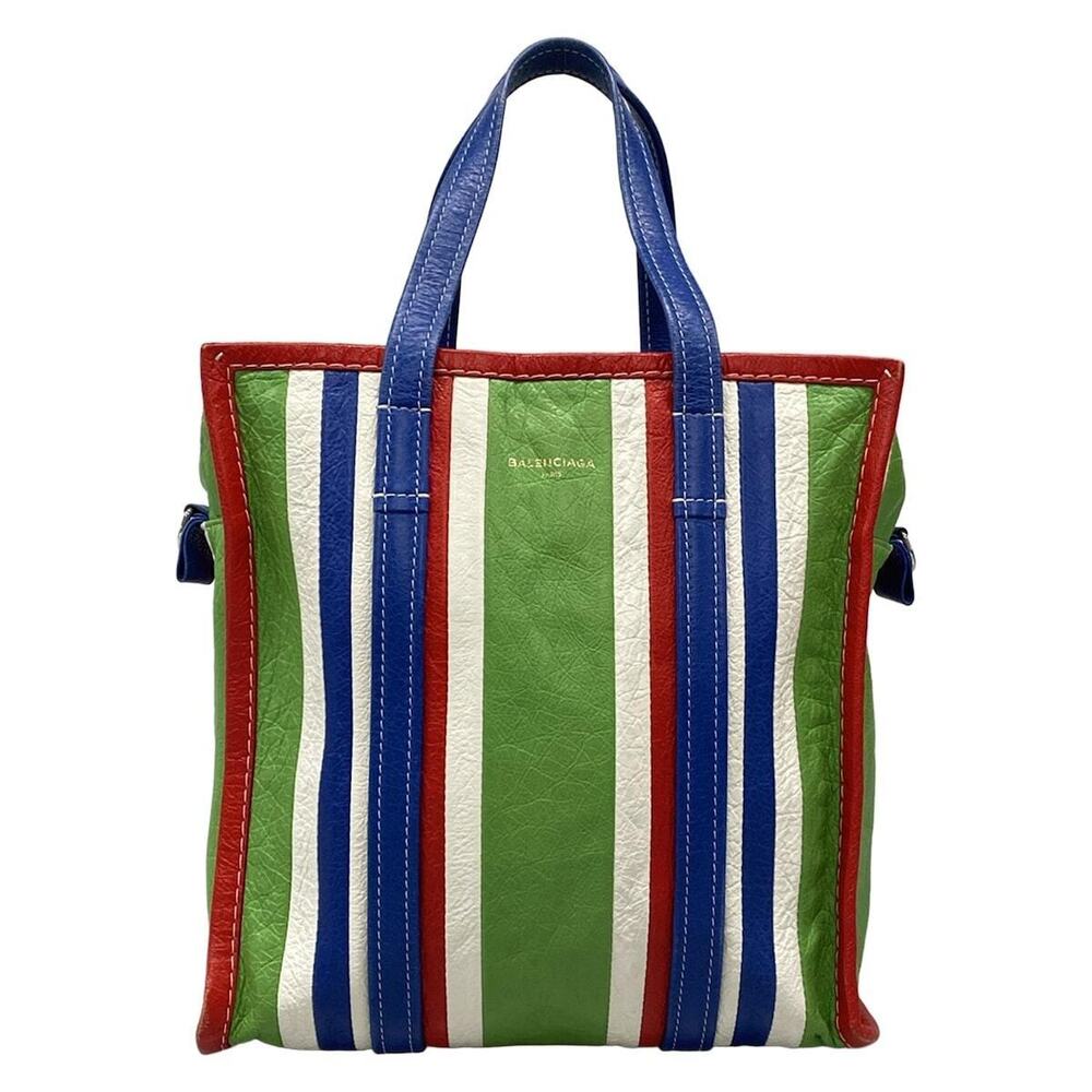 BALENCIAGA Bazaar Shopper Handbag Striped Green White Multi Leather